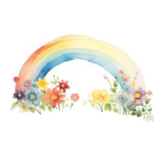 a watercolor painting of a rainbow and flowers