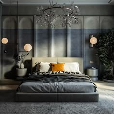 a bedroom with a bed, chandelier and potted plants