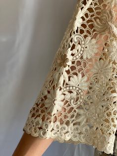 "Lovely 1960's all lace with chiffon details and 3D flowers maxi gown with large plastic front zipper. Varying shades of cream, white, and beige. Just... unreal. Slight flared sleeves. Amazing for swimsuit resort wear or a wedding gown. For the jeans: https://www.etsy.com/listing/1021753996/50s-jeans-cigarette-pants-high-waist?ga_search_query=jeans&ref=shop_items_search_4 For the ladybug purse: Bust: 44\" Waist: 40\" Hips: 48\" Length: 55\" Circa: 1960's Condition: Good vintage condition. No Button Front Dress, Bohemian Wedding Dress, Resort Dresses, Lace Maxi, Printed Shirt Dress, Sheer Chiffon, Button Dress, Maxi Gowns, Lace Maxi Dress