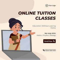 an image of a woman on a laptop with the text online tuition classes education without leaving home we help with maths / physics