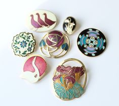 A wonderful opportunity to acquire a beautiful collection of 7  vintage cloisonne enamel pendants & brooches. The collection is made up of 7 brooches. Some of them signed by the Maker. A gorgeous selection of vintage cloisonne enamel jewellery! ERA - Circa 1980s HALLMARKS - Fish / Chuna etc. CONDITION - These brooches are offered in very good vintage condition. This is a pre-loved vintage item so will show signs of use.  Please review all photos carefully. SHIPPING Worldwide shipping is availabl Enamel Pendants, Cloisonne Enamel Jewelry, Enamel Jewellery, Fishing Signs, Cloisonne Enamel, Enamel Brooch, Enamel Jewelry, Vintage Collection, Brooch Pin