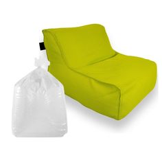 a lime green bean bag chair next to a clear plastic bag