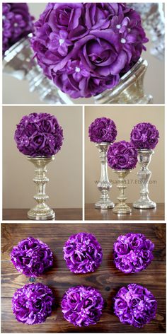 purple flowers are arranged in silver vases on a table with other pictures and text