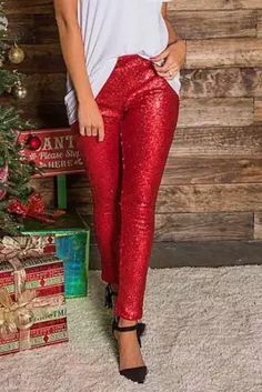 Nightclub Fashion Slim Sequins With Lining Red Trousers Red Nightclub, Evening Trousers, Sequin Leggings, Red Trousers, Mid Waist Pants, Christmas Party Outfit, Slim Trousers, Red Sequin, Elegant Red