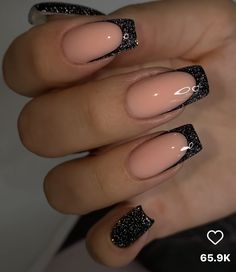 Black Sparkle Manicure, Prom Nails Silver And Black, Black And Sparkle Acrylic Nails, Sparkle Black Nails, Black Sparkle French Tip Nails, Nail Ideas For Black Dress, Black French Nails With Design, Black Glitter French Tip Nails, Elegant Nails Black