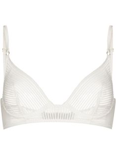 ivory white semi-sheer construction mesh detailing adjustable shoulder straps underwire cup rear clasp fastening Sheer Clothing, Bra Items, Kiki De Montparnasse, Sheer Bra, Versace Outfit, Iconic Bags, Demi Fine Jewelry, Ski Wear, Pump Sandals