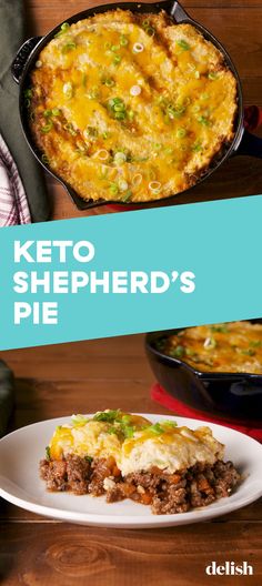 keto shepherd's pie on a white plate with a blue border overlay