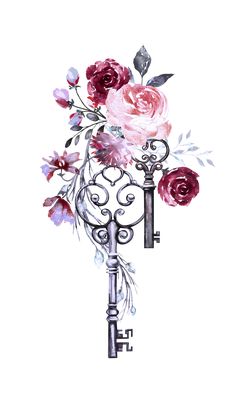 a drawing of a key with flowers on it