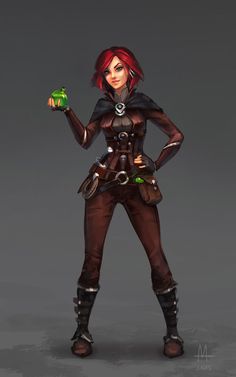 a woman with red hair holding a green object in one hand and wearing black leather pants