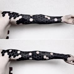 two pictures of the same arm with black and white designs on it, one is half covered in honeycombs