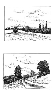 two black and white drawings of trees in the distance