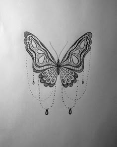 a black and white drawing of a butterfly with drops of water on it's wings