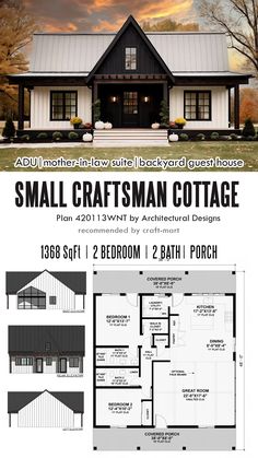 the small craftsman cottage plan is shown in two different colors and sizes, with an open floor