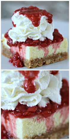 three different views of cheesecake with whipped cream and strawberries on top, the same one