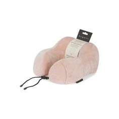 the neck pillow is pink and has a black cord around it's end, with a white tag on top