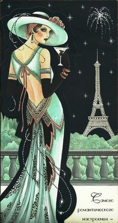 a painting of a woman holding a wine glass in front of the eiffel tower