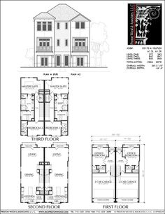 three story house plans with floor plans and measurements