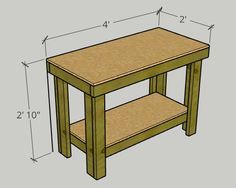 a wooden table with measurements for the top and bottom shelf on each side, as well as two shelves below