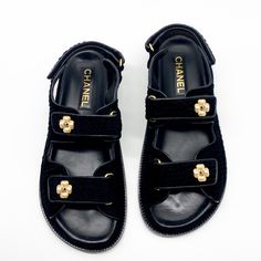 This Is An Authentic Pair Of Chanel Black Tweed Velcro Dad Sandals. These Are Crafted Of Black Tweed Fabric And Feature Adjustable Straps With Gold And Resin Pearl Floral Accents. Includes Dust Bags, Size 38.5 Slight Imperfections From Storage, Never Worn. Chanel Black Sandals, Chanel Dad Sandals, Sandals Chanel, Carrie Bradshaw Outfits, Dad Sandals, Resin Pearl, Fav Products, Shoes Chanel, Chanel Sandals