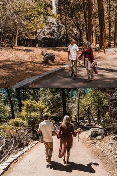 two people walking down a path in the woods