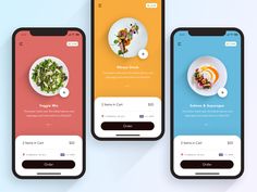 three smartphones displaying food on different screens