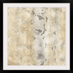 an abstract painting with white and gold circles on the surface, in shades of beige