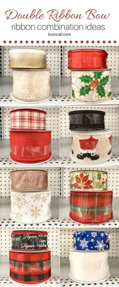 ribbons are lined up in rows on the shelf with text that reads double ribbon box ribbon combination ideas