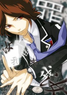 an anime character with red hair wearing a black jacket and tie, holding his hand out to the side