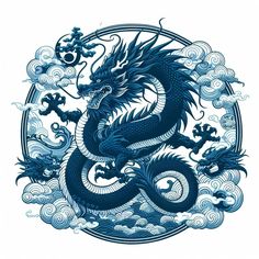 a blue dragon sitting on top of a cloud filled sky with clouds around its head