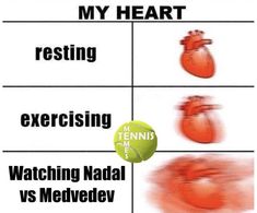 four different types of tennis balls with the words my heart resting exercising watching nadal vs medved