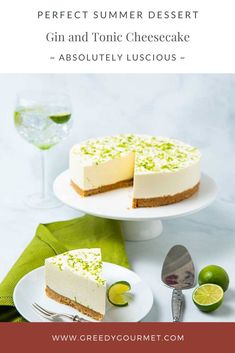 a slice of cheesecake on a plate with limes