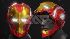 an iron man helmet with glowing eyes and headphones on top of each other, in front of a black background