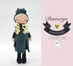 a crocheted doll is standing next to a pink and white background with the words daenerys pattern on it