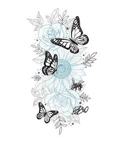 some butterflies and flowers on a white background with black outline drawing by artist mark taylor