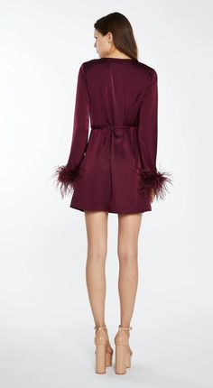 Glamorous Women's Deep-Burgundy Satin Feather Trim Wrap Mini-Dress. Be a trendsetter in this chic mini wrap dress! Featuring a wrap design and flared sleeves with feather trim cuff details, this Satin dress will have you turning heads!FEATURES Wrap Design Feather Trim Cuff Details Flared Sleeve Mini Length Composition: 100% PolyesterModel Wears Size 10.Model Height: 5'10" CK-7242 Halterneck Mini Dress, Size 10 Models, Mini Wrap, Feather Trim, Deep Burgundy, Cuff Detail, Midi Dress With Sleeves, Long Sleeve Midi, Mini Wrap Dress