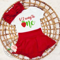 Adorable handmade red and green strawberry half birthday outfit for baby girls. Skirt with shorts attached.  Skirted bummies.  6 months old 1/2 birthday shirt.  Berry sweet 6 months. *Baby skirts are made out of soft knit fabric. Baby bodysuits are 100 percent cotton. *Hair bow comes on a nylon headband. * Please order the size that your child is currently wearing. If your child is in between sizes, please size up. Newborn - 5-8lbs 0-3 months - up to 9lbs 3-6 months - up to 12.5lbs 6-9 months - up to 16.5lbs 9-12 months - up to 20.5lbs 12-18 months - up to 24.5lbs 18-24 months - up to 27.5lbs 24 months - up to 30lbs Click to view more items available in my shop: www.etsy.com/shop/emmarosebabyboutique * Please also note that, although every effort is made to photograph my items accurately a Strawberry Birthday Outfit, 1/2 Birthday Shirt, Valentines Half Birthday Girl, Half Cake Birthday 6 Months Girl, Half Birthday Baby Shirts, 2nd Birthday Shirt, Green Strawberry, Half Birthday, Baby Skirt