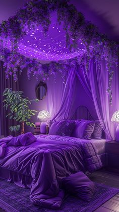 a bed with purple sheets and pillows under a canopy