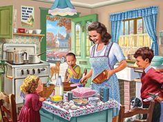 a puzzle box with an image of a woman and two children baking in the kitchen