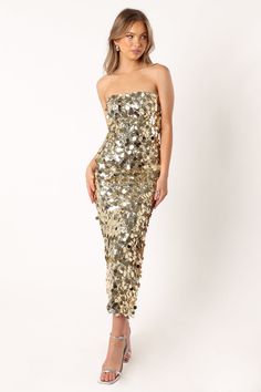 Gabourne Strapless Midi Dress - Gold Sequin - Petal & Pup USA Sequin Strapless Dress, Satin Dresses Long, Satin Dresses Long Sleeve, Bachelorette Party Dress, Black Tie Wedding Guests, White Dress Shoes, Resort Dresses, Essential Dress, Strapless Midi Dress