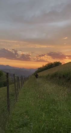 the sun is setting over a grassy hill with a fence and cow in the foreground