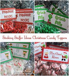 several pictures of christmas candy and candies with the words stocking stuff ideas on them