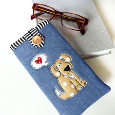 Dog Glasses Case - Blue £18.00 Sew Eyeglass Cases, Dog Glasses, Cellphone Bag, Dog With Glasses, Sewing To Sell, Scrap Fabric Projects, Blue Jeans Crafts, Glasses Cases, Eyeglasses Case