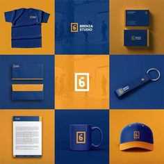 the branding and identity design for benza studio is shown in blue, yellow and orange