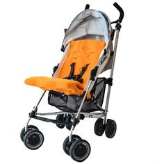 a stroller with an orange seat and black wheels is shown on a white background