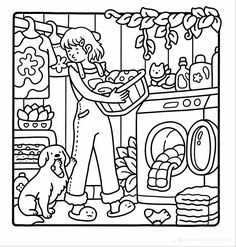 a coloring page with a woman and her dog in front of the stove, cooking