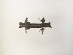 two people in a canoe on the water with their backs turned to look like they are fishing