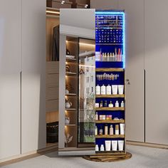 an open medicine cabinet in the corner of a room with white walls and flooring