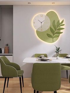 a dining room table with chairs and a clock on the wall