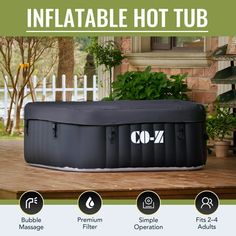 an inflatable hot tub on a wooden deck with instructions to install the lid