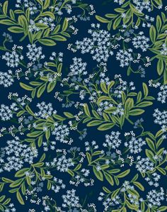 a blue and green floral pattern with white flowers on dark blue background, suitable for wallpaper or upholstering